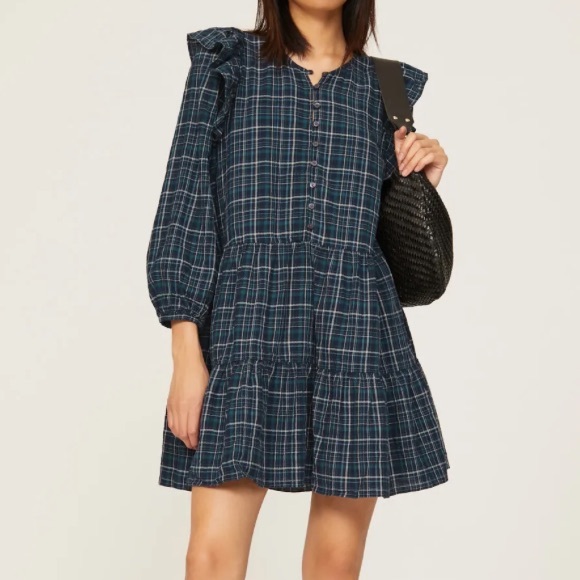 Madewell Dresses & Skirts - Madewell Anaya Blue Plaid Ruffle Blue Plaid Mini Dress Women Size XL